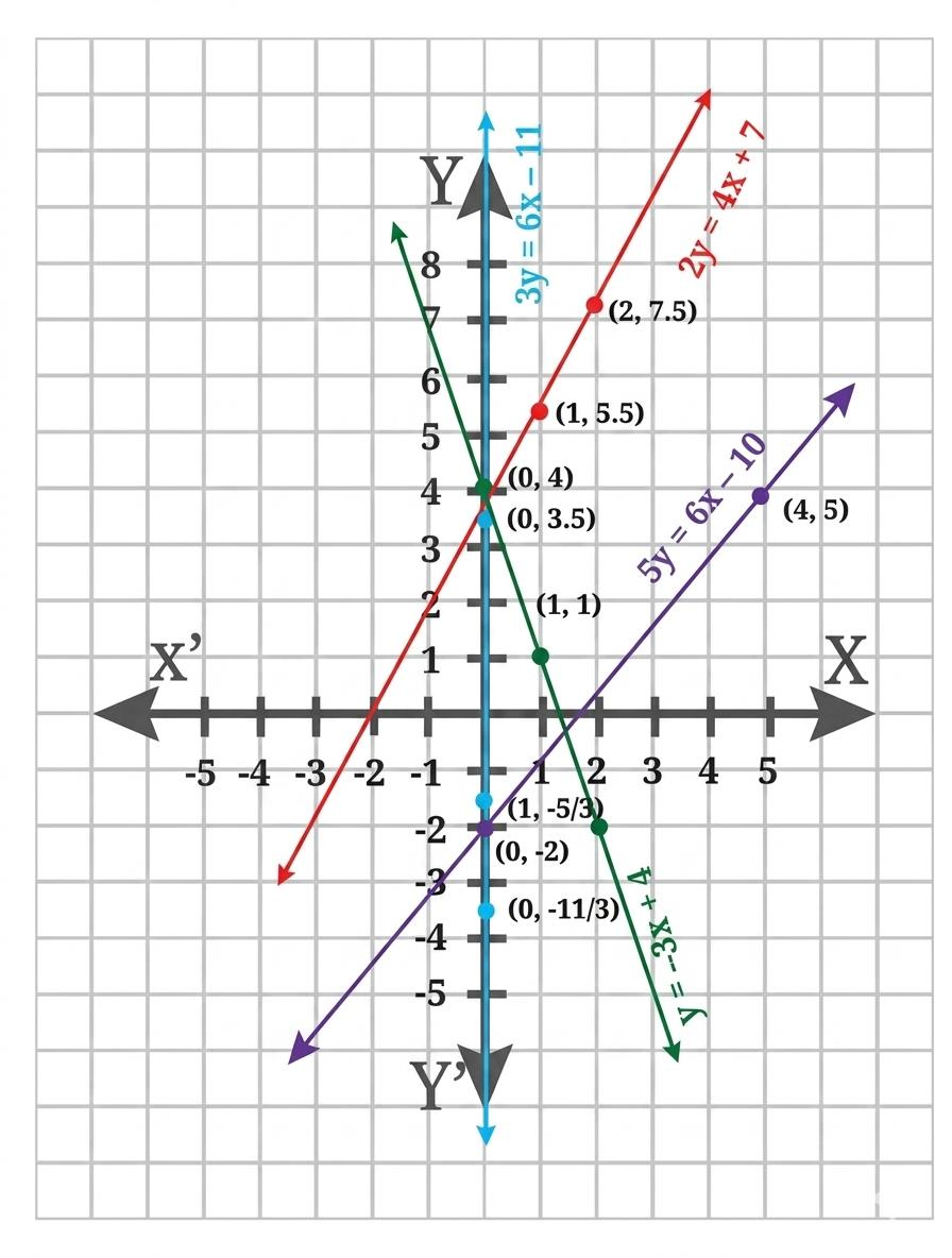 Graph of the four lines from Question 7: y = −3x + 4 (green, falling, labelled points (0, 4) and (1, 1)), 2y = 4x + 7 (red, rising, labelled points (1, 5.5) and (2, 7.5)), 5y = 6x − 10 (purple, rising, labelled points (0, −2) and (4, 5)) and 3y = 6x − 11 (cyan, with labelled points (0, 3.5), (1, −5/3) and (0, −11/3)). In the figure, the cyan line is drawn as a vertical line along the y-axis instead of a slanted line of slope 2, and the purple point labelled (4, 5) is drawn at (5, 4).