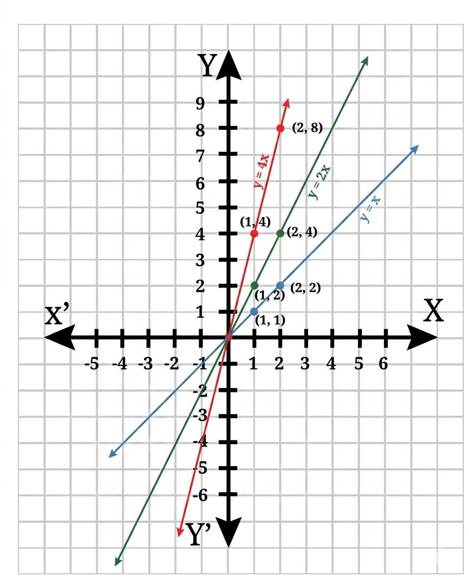 Graph of y = 4x (red), y = 2x (green) and y = x (blue): three rising straight lines through the origin, with the labelled points (1, 4) and (2, 8) on y = 4x, (1, 2) and (2, 4) on y = 2x, and (1, 1) and (2, 2) on y = x. The larger the value of a, the steeper the line.