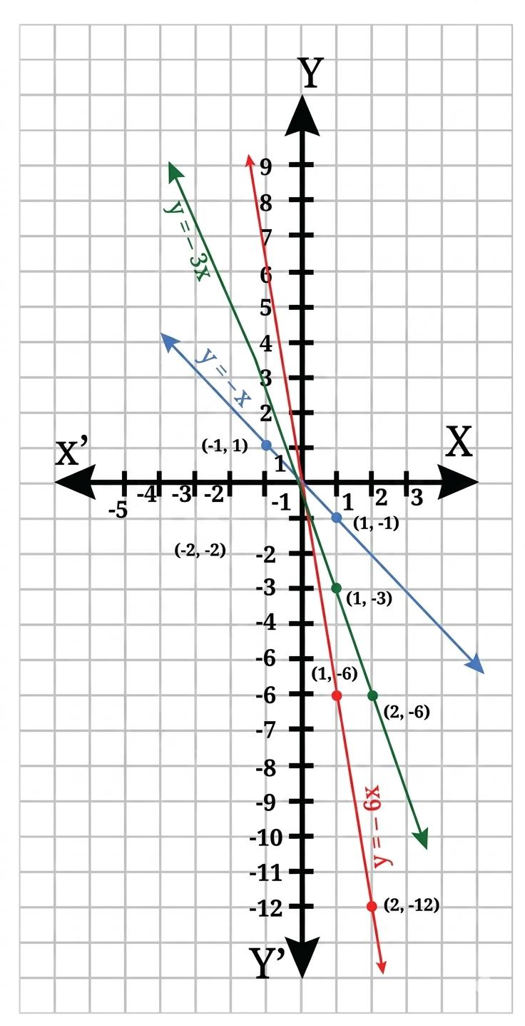 Graph of y = −6x (red), y = −3x (green) and y = −x (blue): three falling straight lines through the origin, with the labelled points (1, −6) and (2, −12) on y = −6x, (1, −3) and (2, −6) on y = −3x, and (−1, 1) and (1, −1) on y = −x. A stray label (−2, −2) with no plotted point also appears in the lower-left part of the grid.